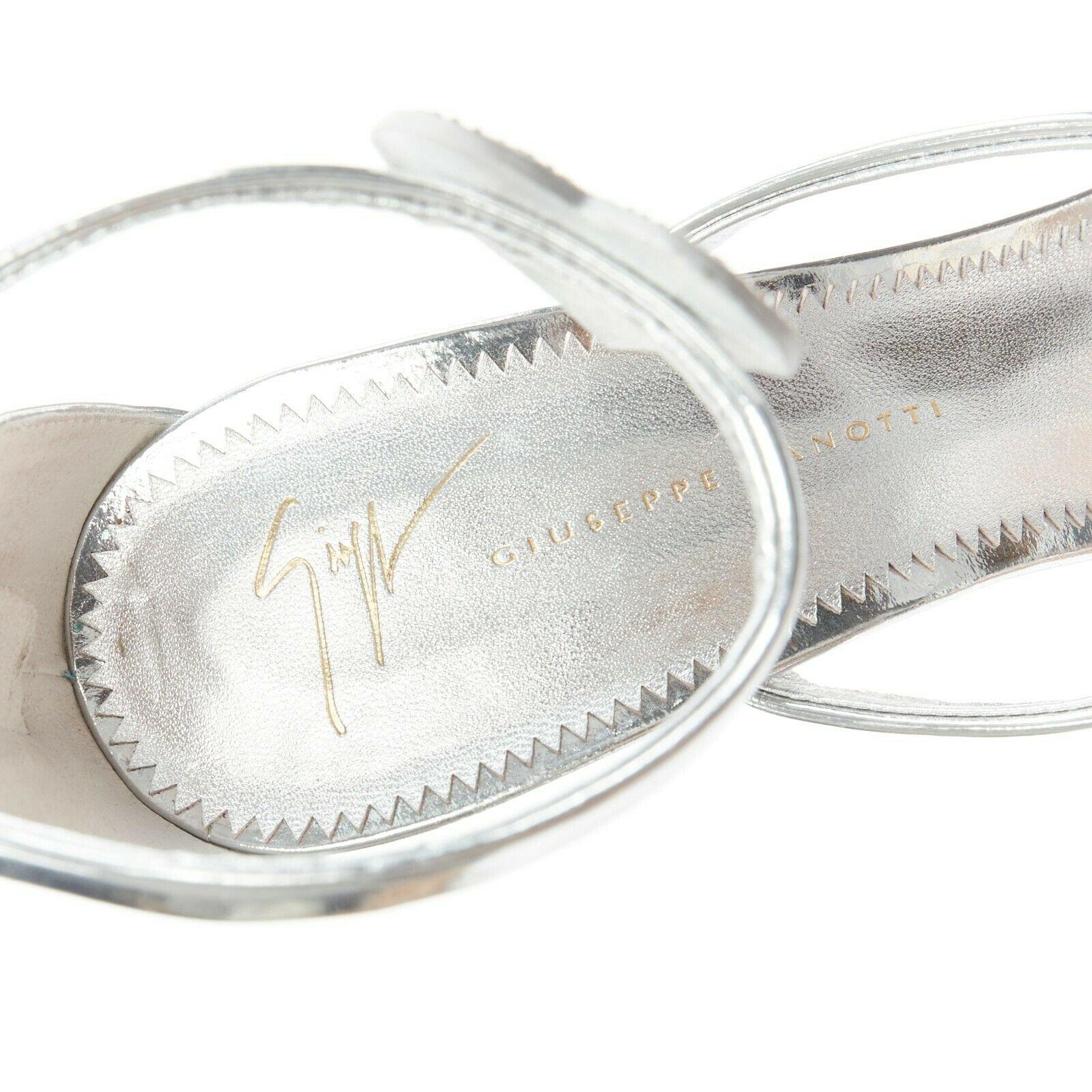GIUSEPPE ZANOTTI Coline silver leather crystal heart high heel sandals EU39 For Sale 2