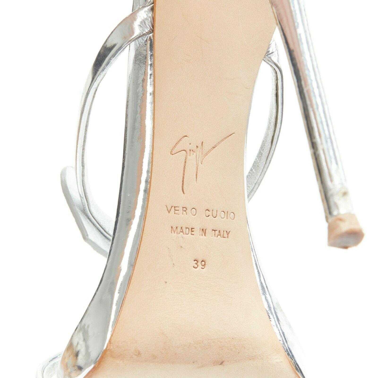 GIUSEPPE ZANOTTI Coline silver leather crystal heart high heel sandals EU39 For Sale 3