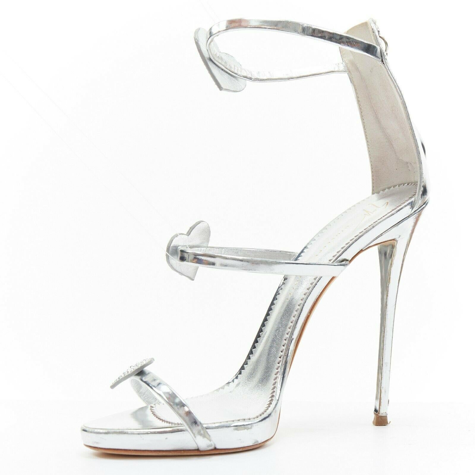 GIUSEPPE ZANOTTI Coline silver leather crystal heart high heel sandals EU39 For Sale 4