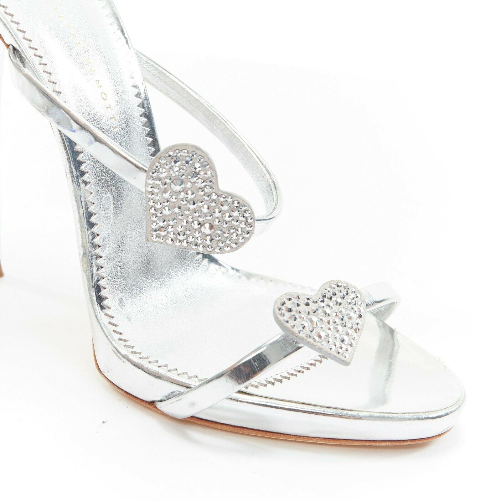 Silver GIUSEPPE ZANOTTI Coline silver leather crystal heart high heel sandals EU39 For Sale