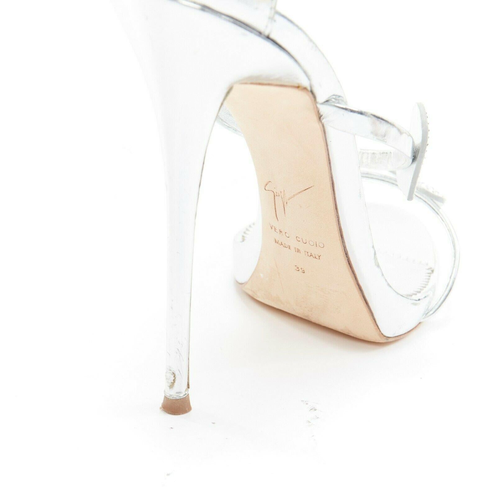 GIUSEPPE ZANOTTI Coline silver leather crystal heart high heel sandals EU39 In Fair Condition For Sale In Hong Kong, NT
