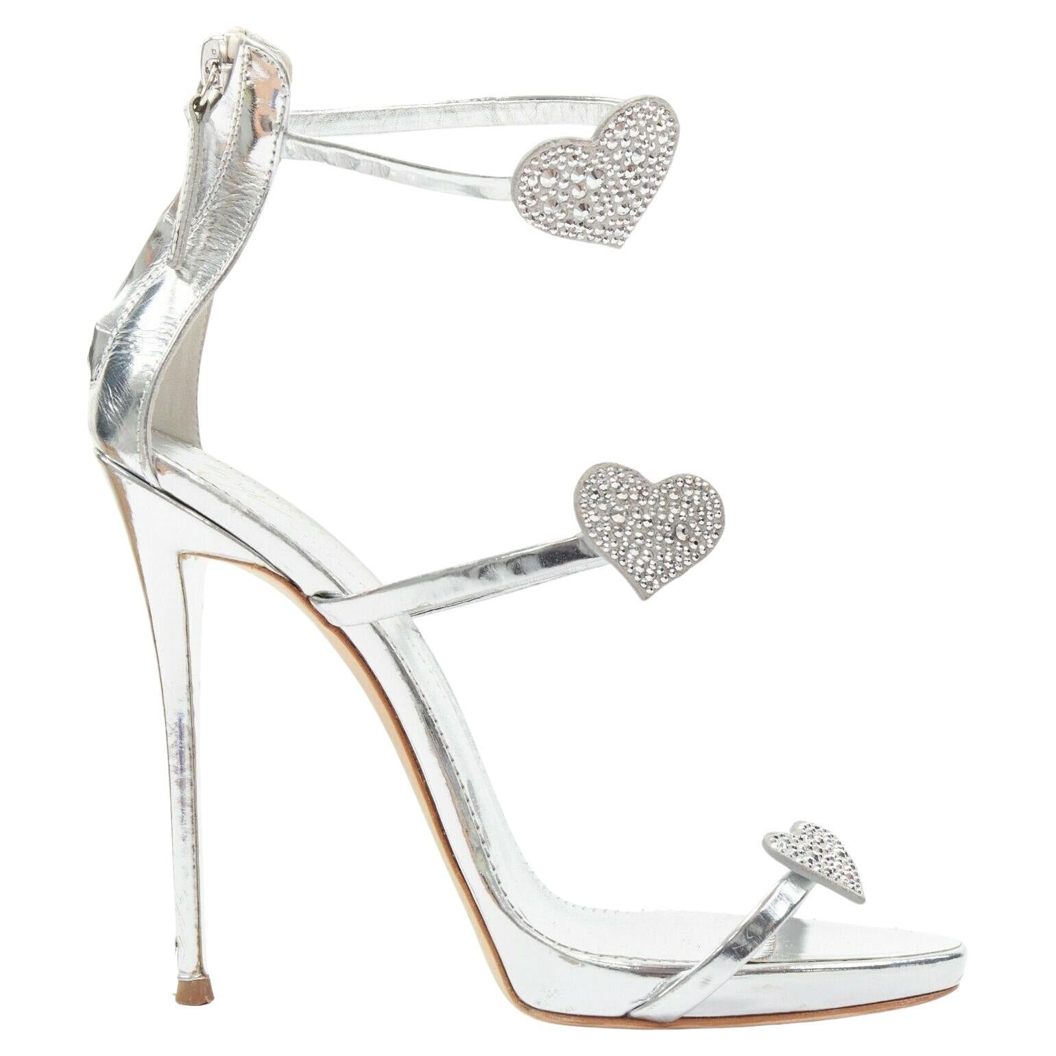 GIUSEPPE ZANOTTI Coline silver leather crystal heart high heel sandals EU39 For Sale