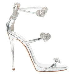 GIUSEPPE ZANOTTI Coline silver leather crystal heart high heel sandals EU39