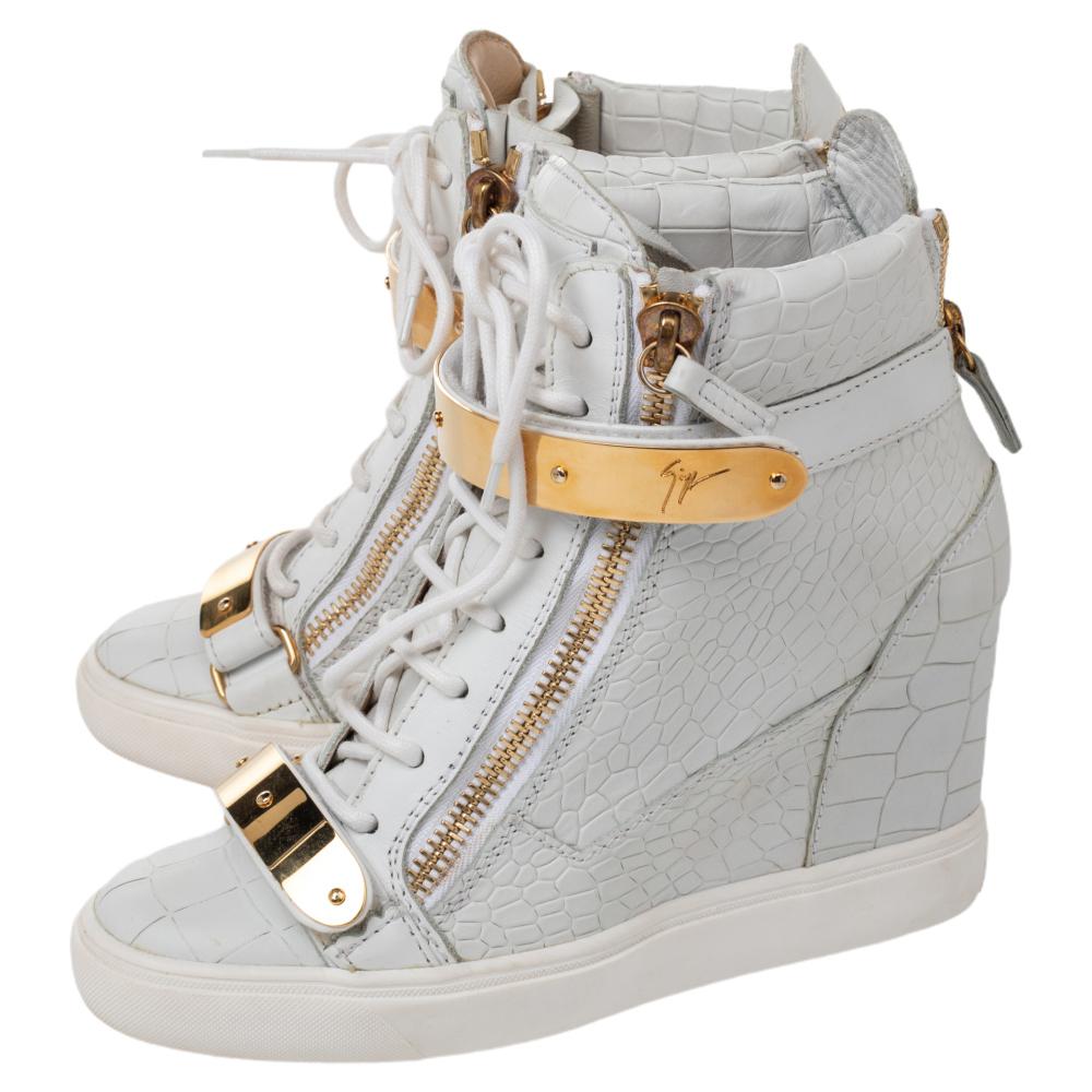 Giuseppe Zanotti Croc Embossed And Leather Wedge High Top Sneakers Size 38 2