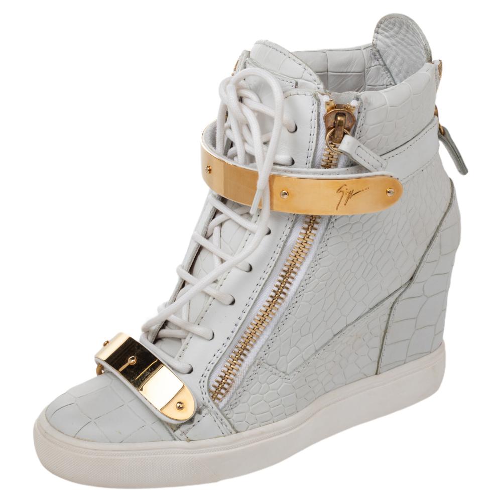 Giuseppe Zanotti Croc Embossed And Leather Wedge High Top Sneakers Size 38
