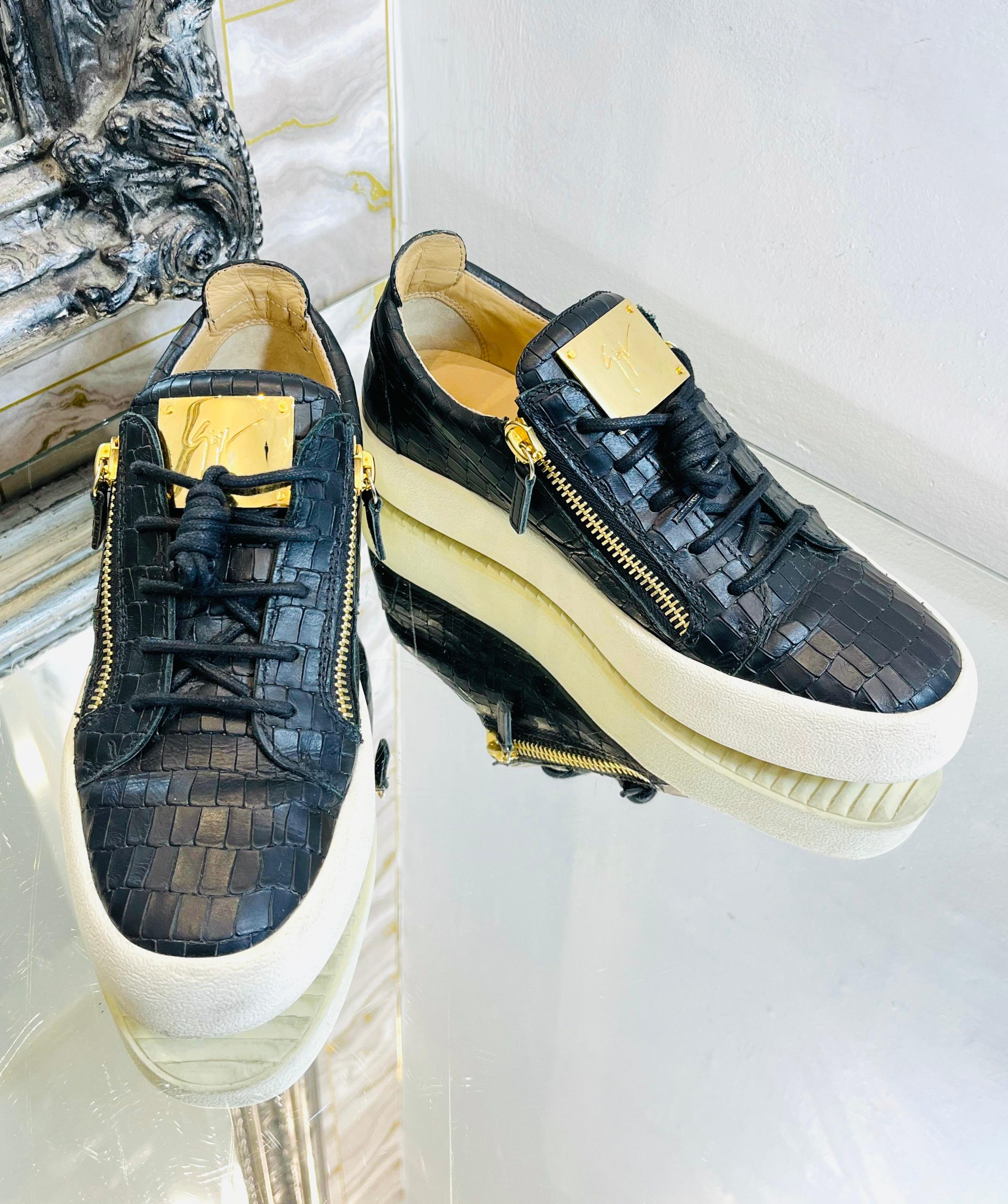 Black Giuseppe Zanotti Croc Embossed Leather Sneakers For Sale