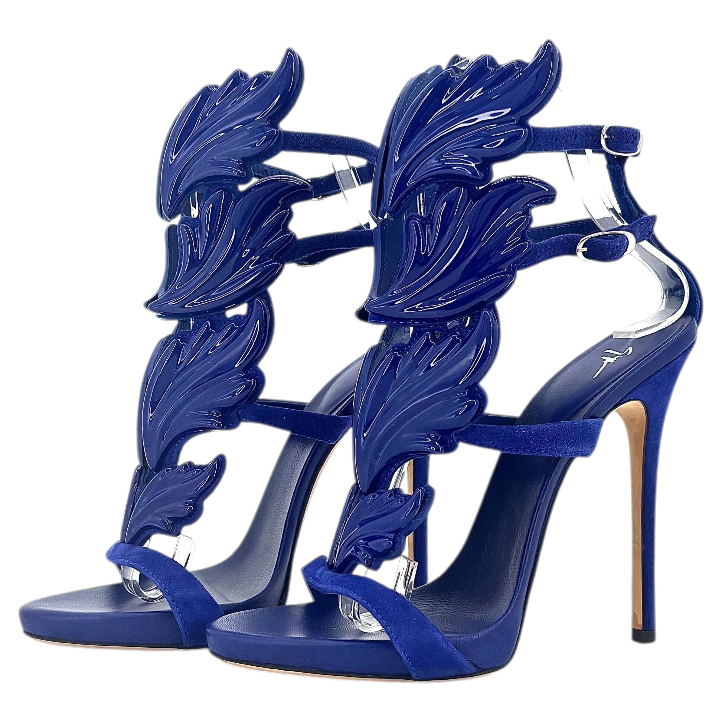 Giuseppe Zanotti Cruel Coline Blue Suede Metal Wing Strappy Stiletto Sandals 36 For Sale