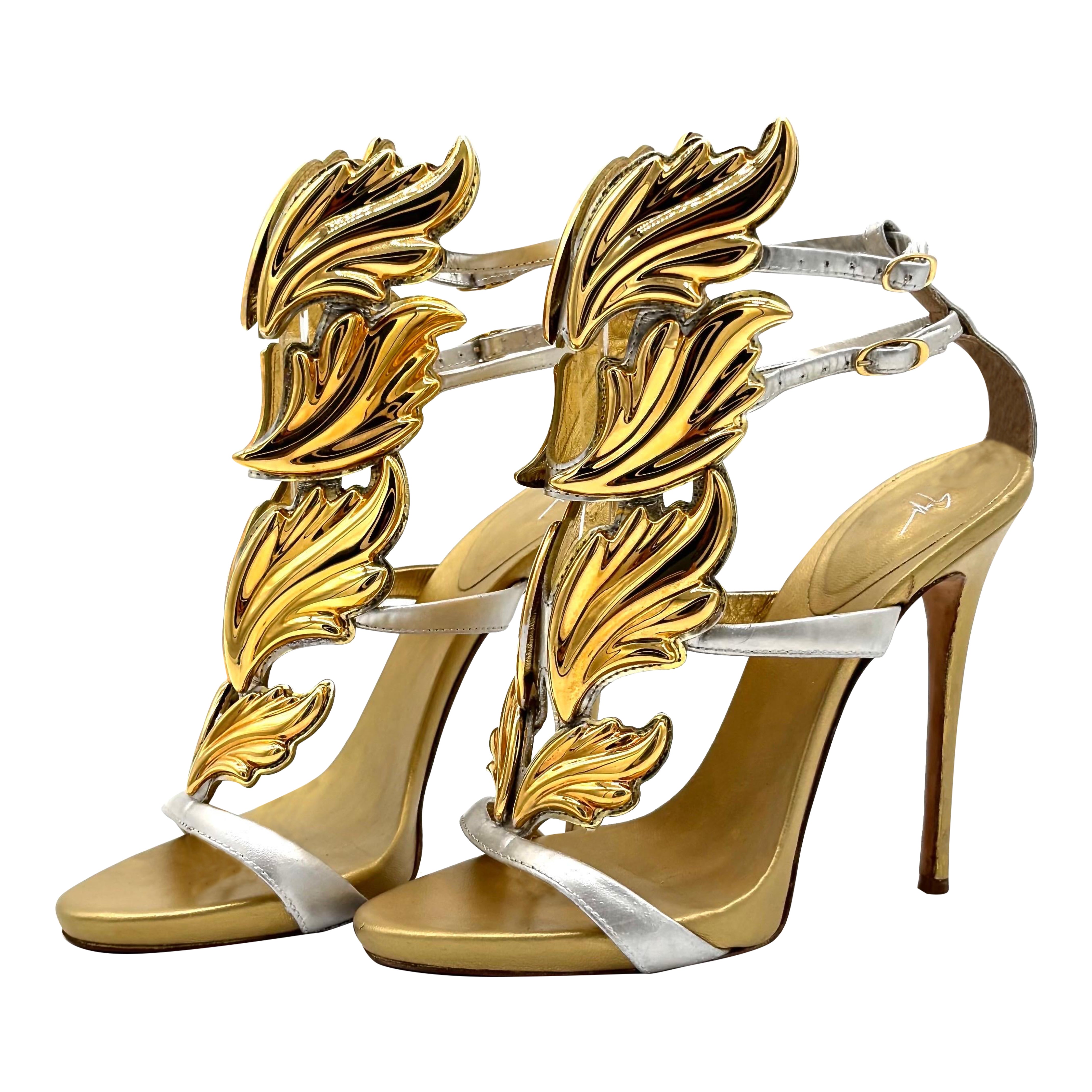 Giuseppe Zanotti Cruel Coline Gold Silver Metal Wing Strappy Leather Sandals 38