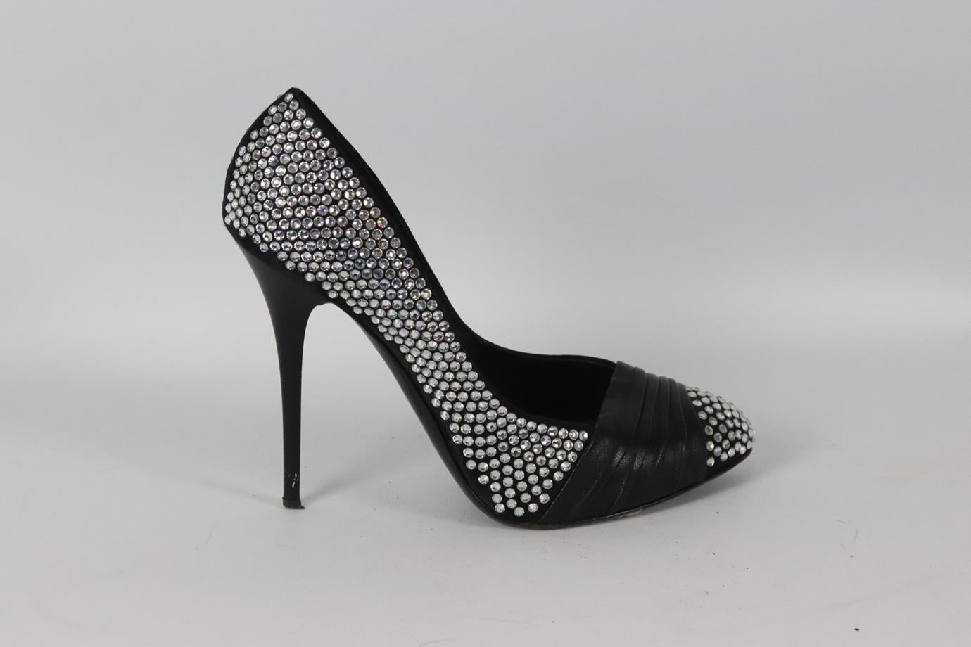 Giuseppe Zanotti crystal embellished satin and leather pumps. Black and silver. Slips on. Does not come with dustbag or box. Size: EU 39 (UK 6, US 9). Insole: 9.5 in. Heel height: 3.5 in. Very good condition - Some wear to soles. Light wear to upper