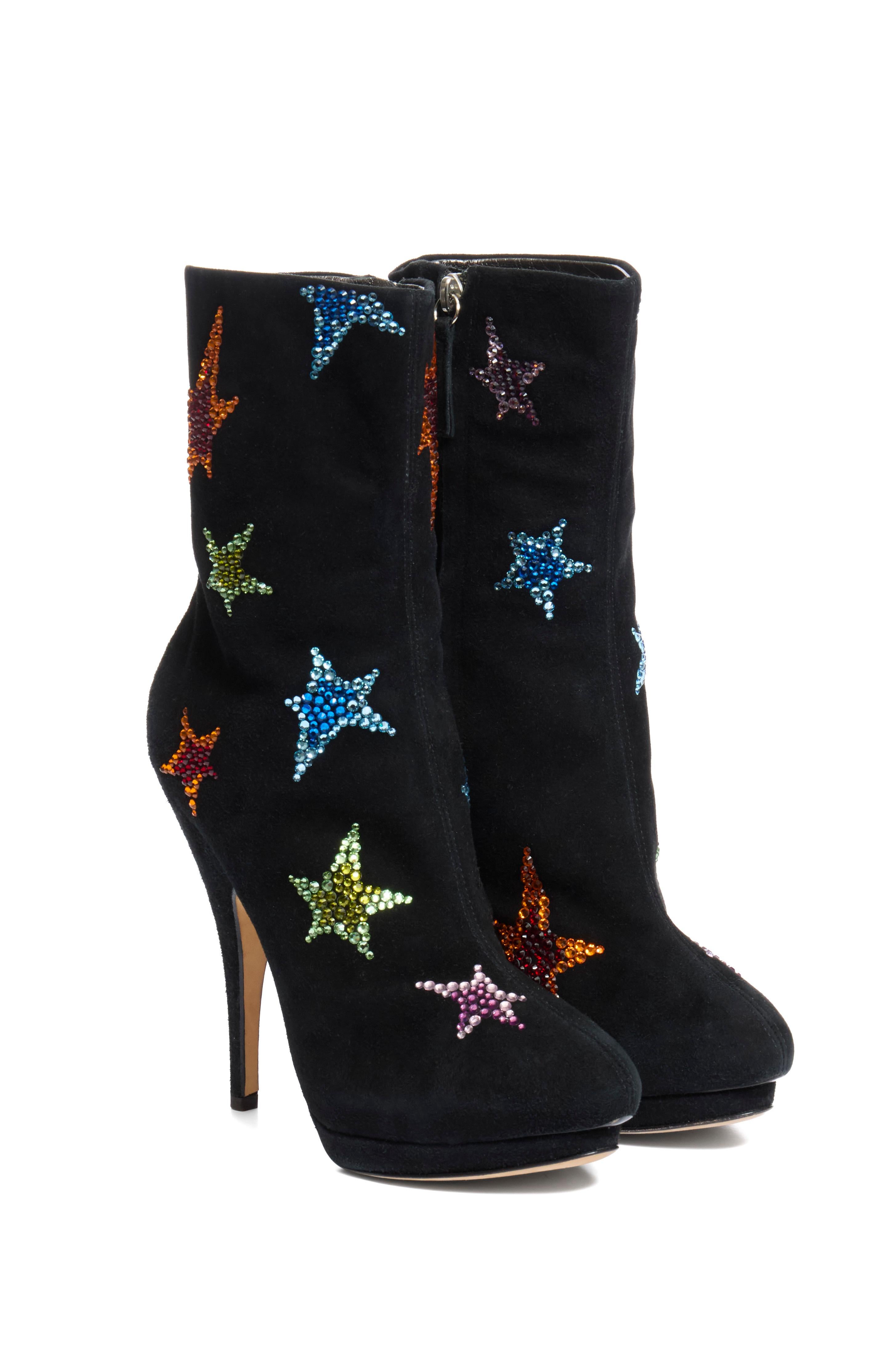 Black Giuseppe Zanotti Crystal Star Suede Platform Boots FW13 • Size 39 For Sale