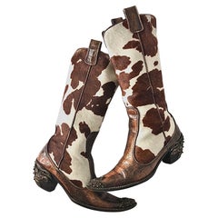 Giuseppe Zanotti Crystals Cow Print Pull On Western Cowgirl Heeled Boots 7