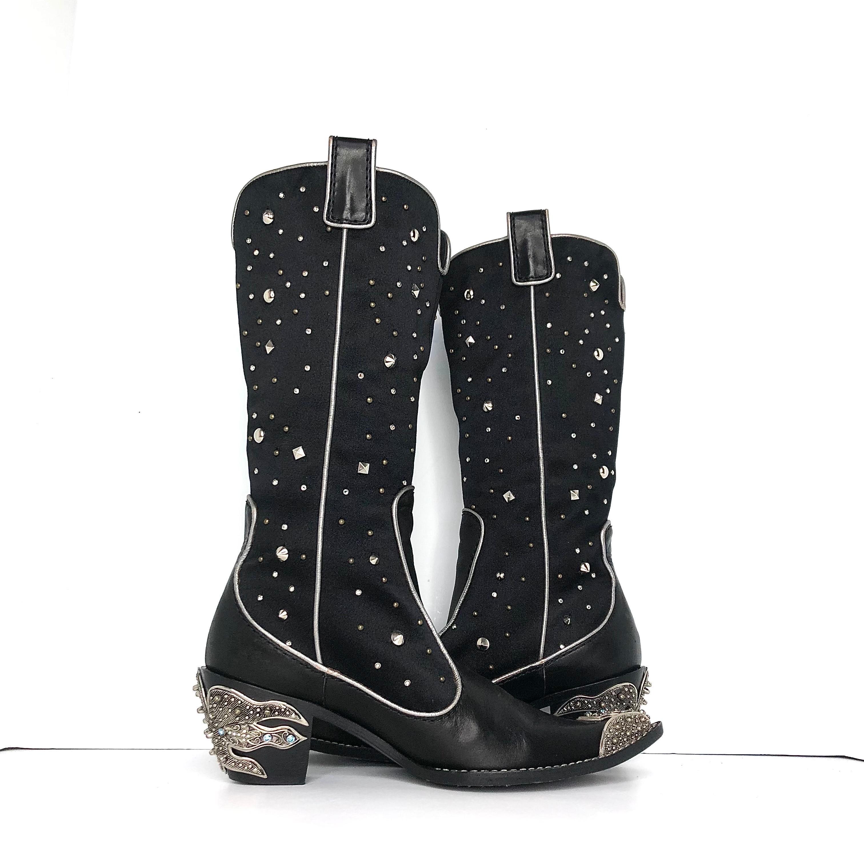 Black Giuseppe Zanotti Crystals Studded Pull On Western Cowgirl Heeled Boots 37.5 For Sale