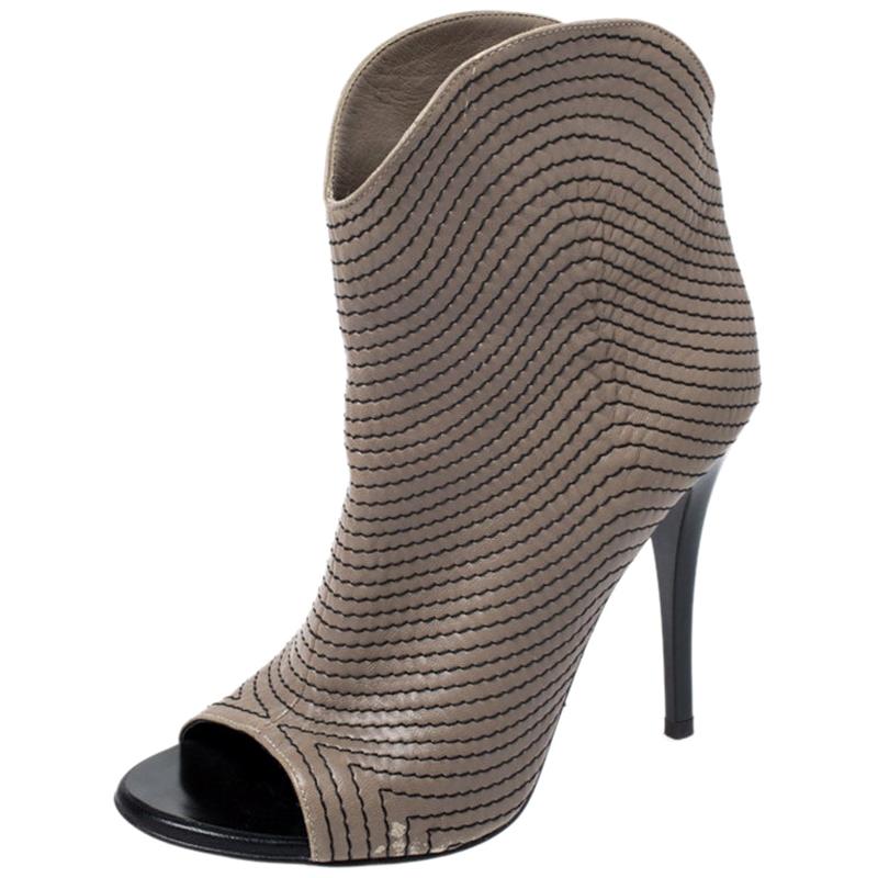 Giuseppe Zanotti Dark Beige Stitch Detail Leather Peep Toe Ankle Bootie Size37.5 For Sale