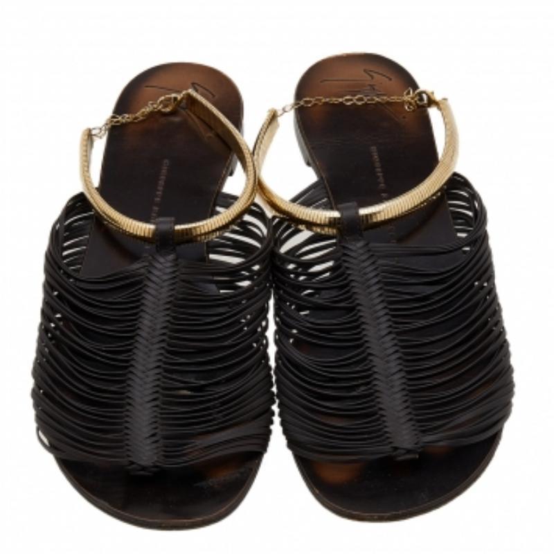Giuseppe Zanotti Dunkelbraunes Leder Riemchensandalen Größe 38 (Schwarz) im Angebot