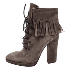 Giuseppe Zanotti Dark Grey Suede Fringe Detail Ankle Booties Size 39