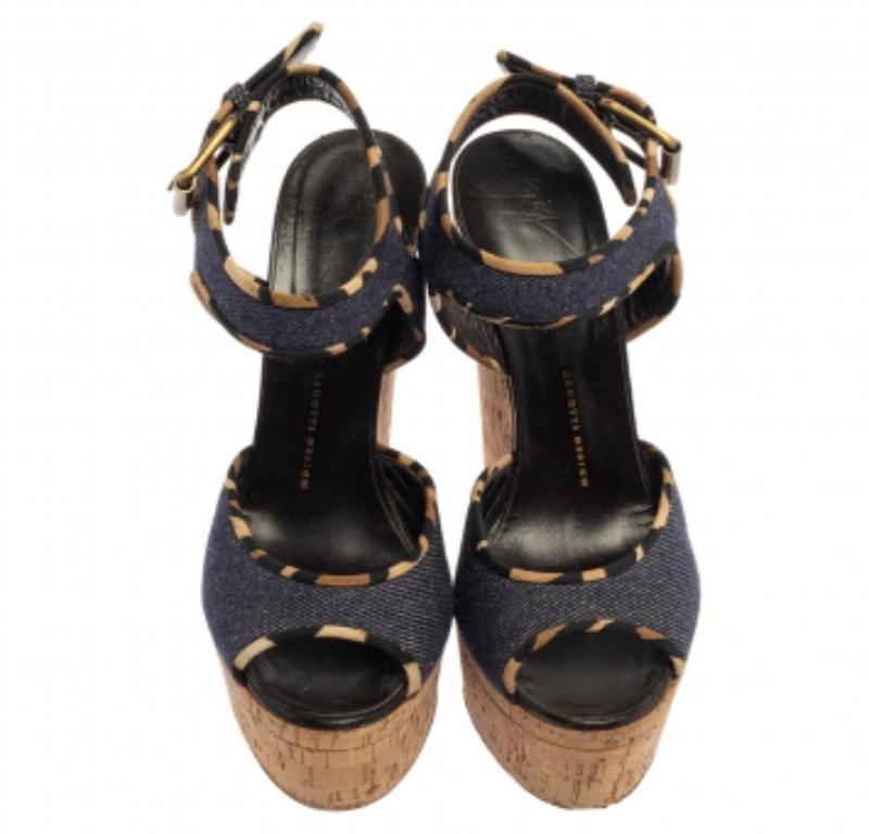 Brown Giuseppe Zanotti Dark Wash Denim Cork Heel Platform Wedge Sandals Size 39 For Sale