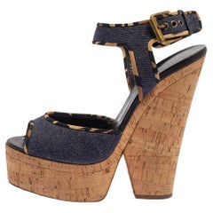 Giuseppe Zanotti Dark Wash Denim Cork Heel Platform Wedge Sandals Size 39