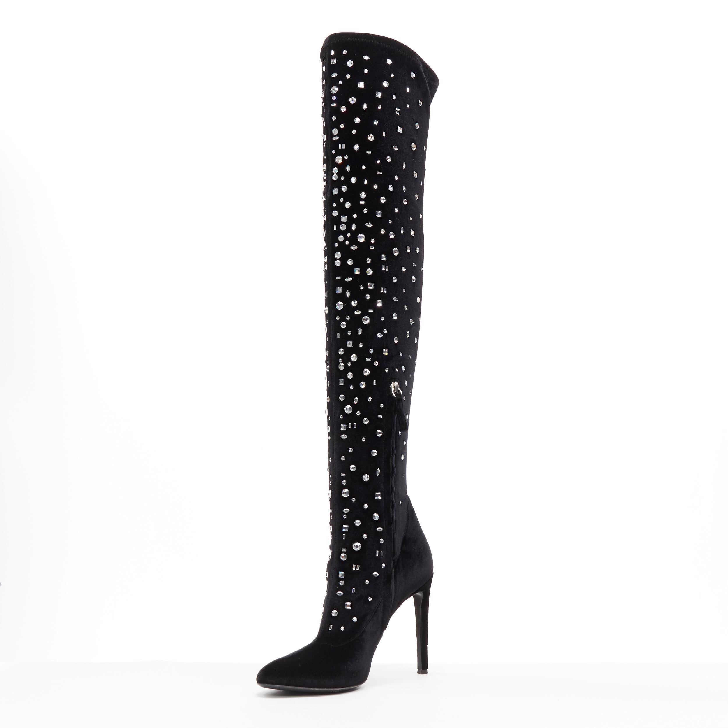 Black GIUSEPPE ZANOTTI Dena black crystal jewel embellished velvet over knee boot EU39