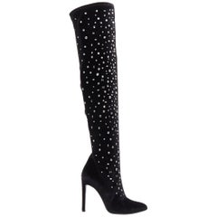 GIUSEPPE ZANOTTI Dena black crystal jewel embellished velvet over knee boot EU39