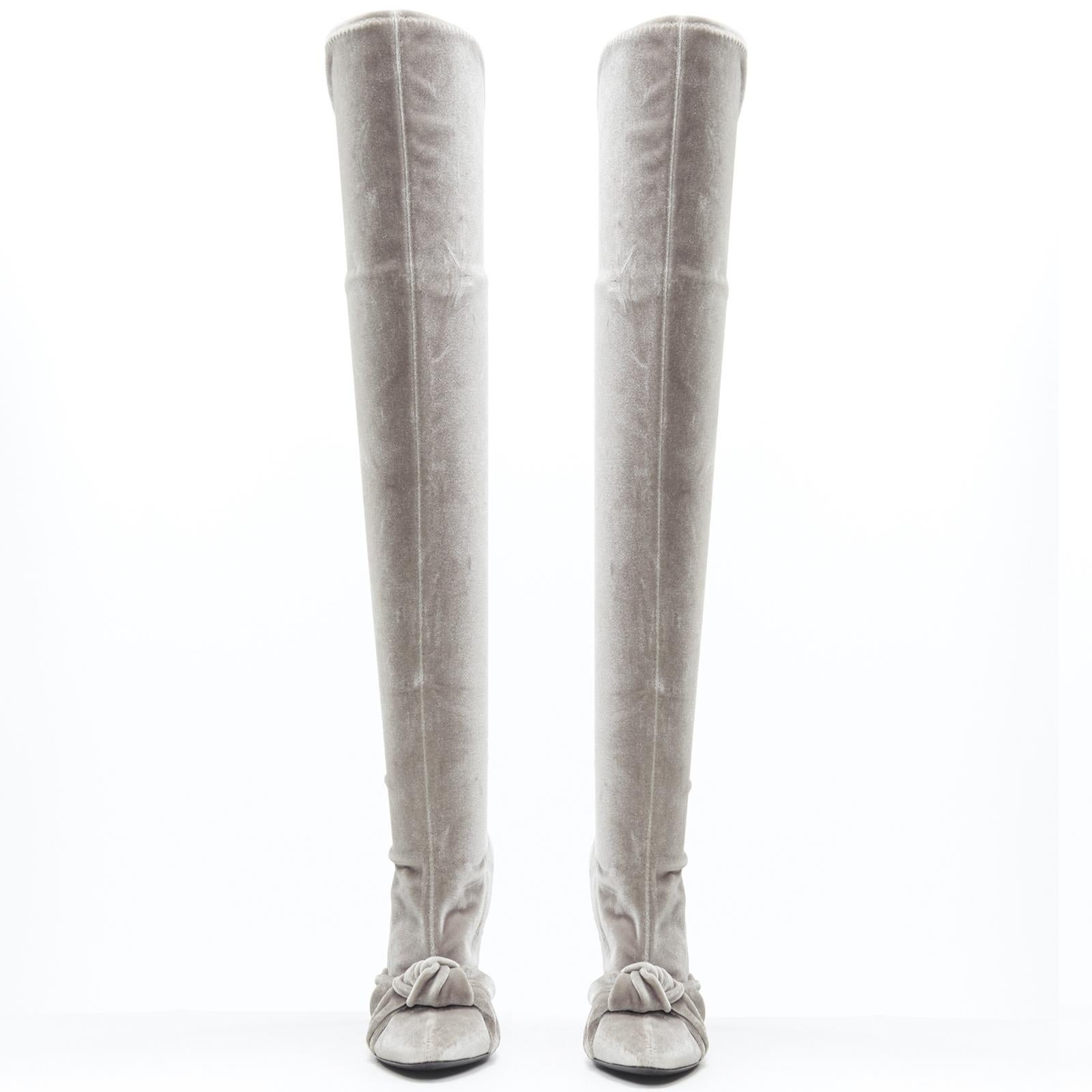 Gray GIUSEPPE ZANOTTI Dena grey stretch velvet knot bow high heel over knee boot EU39