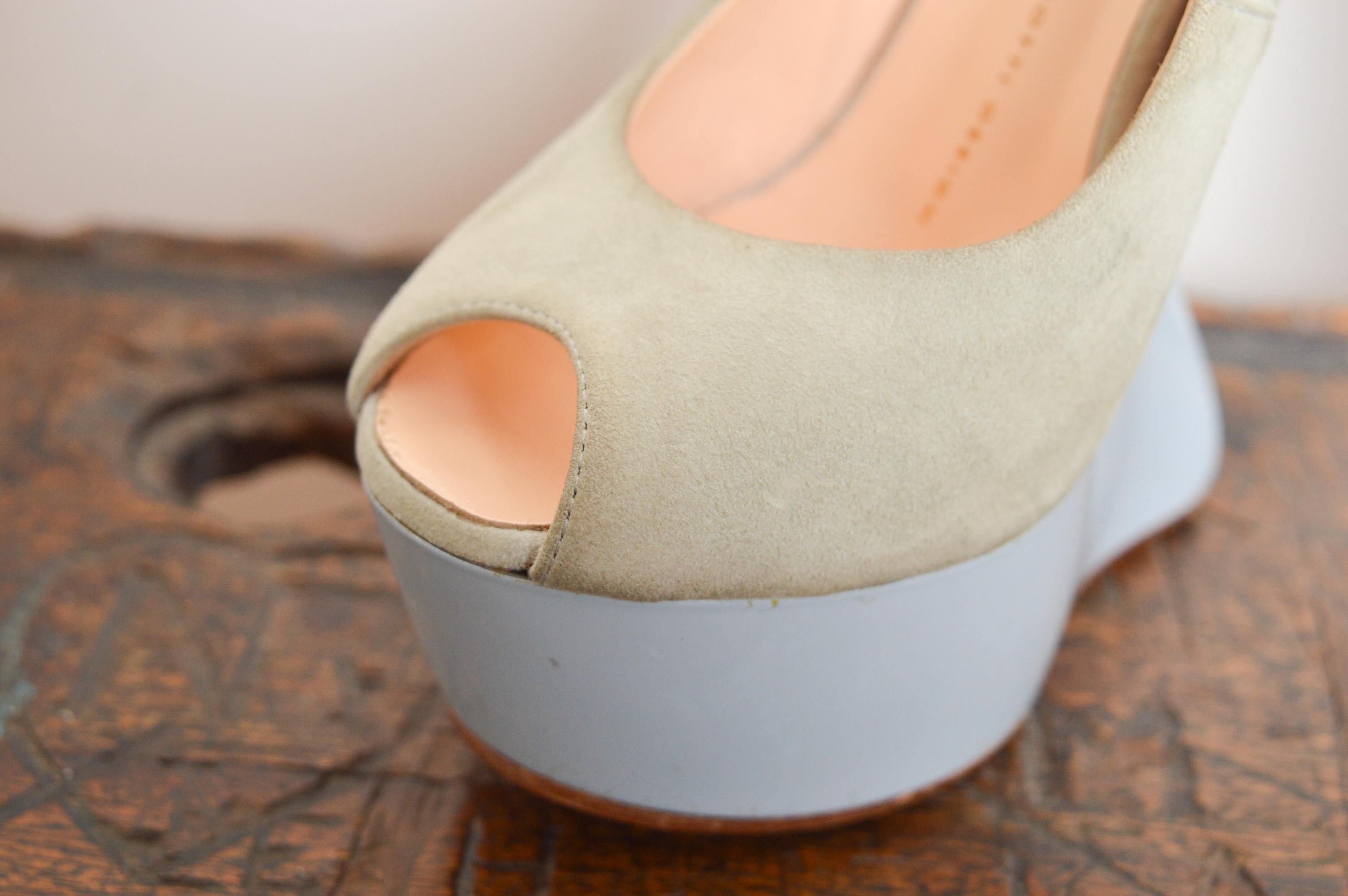 Giuseppe Zanotti Dove Grey Suede Peep Toe Platform Heel Less Slingback EU 37.5 For Sale 8