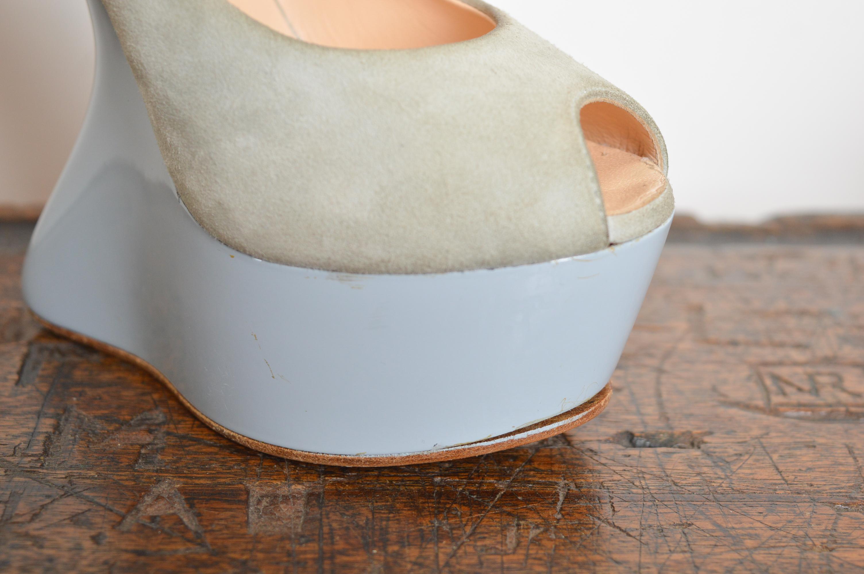 Giuseppe Zanotti Dove Grey Suede Peep Toe Platform Heel Less Slingback EU 37.5 For Sale 9