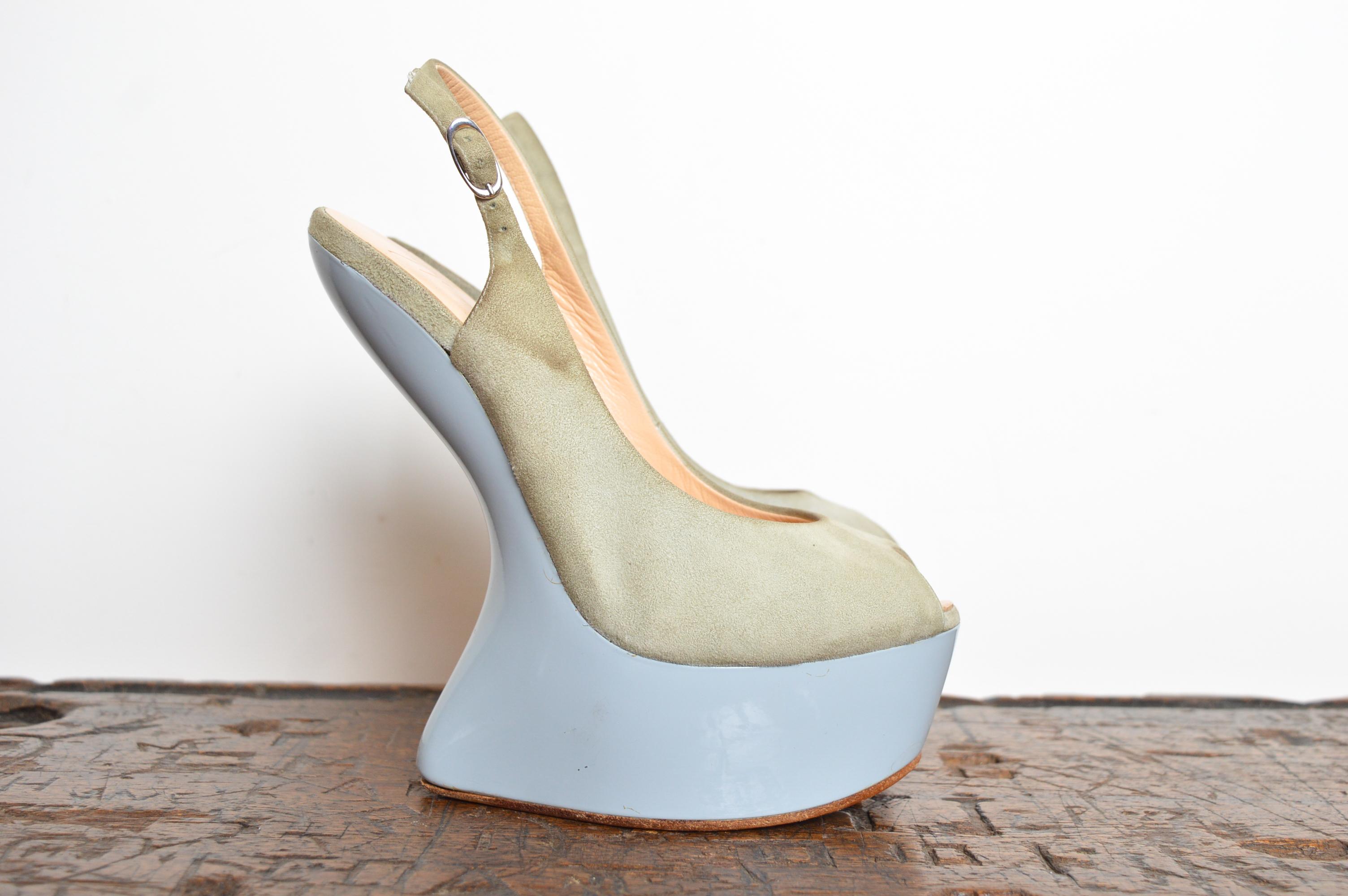 Gray Giuseppe Zanotti Dove Grey Suede Peep Toe Platform Heel Less Slingback EU 37.5 For Sale