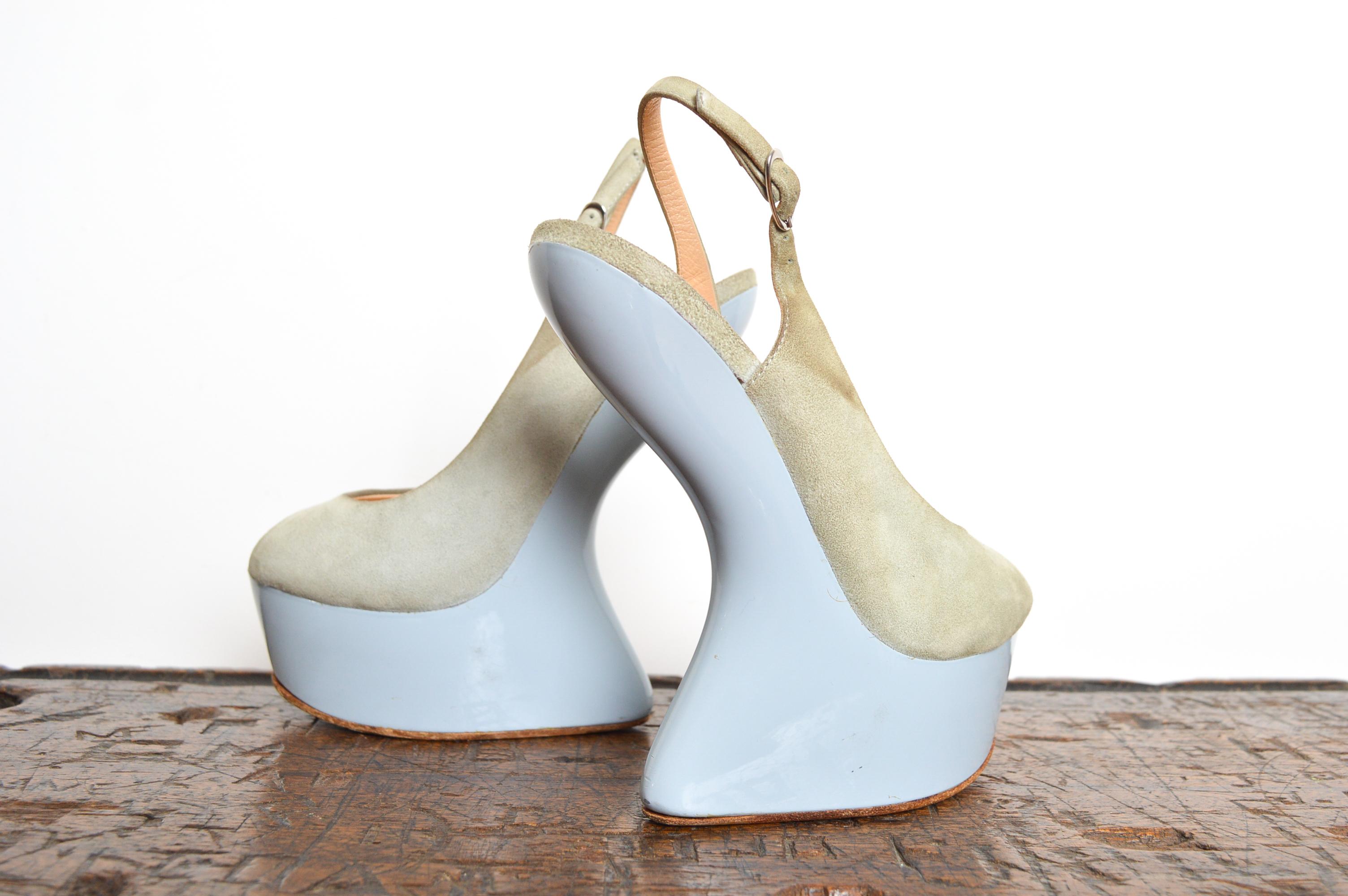 Giuseppe Zanotti Dove Grey Suede Peep Toe Platform Heel Less Slingback EU 37.5 For Sale 1
