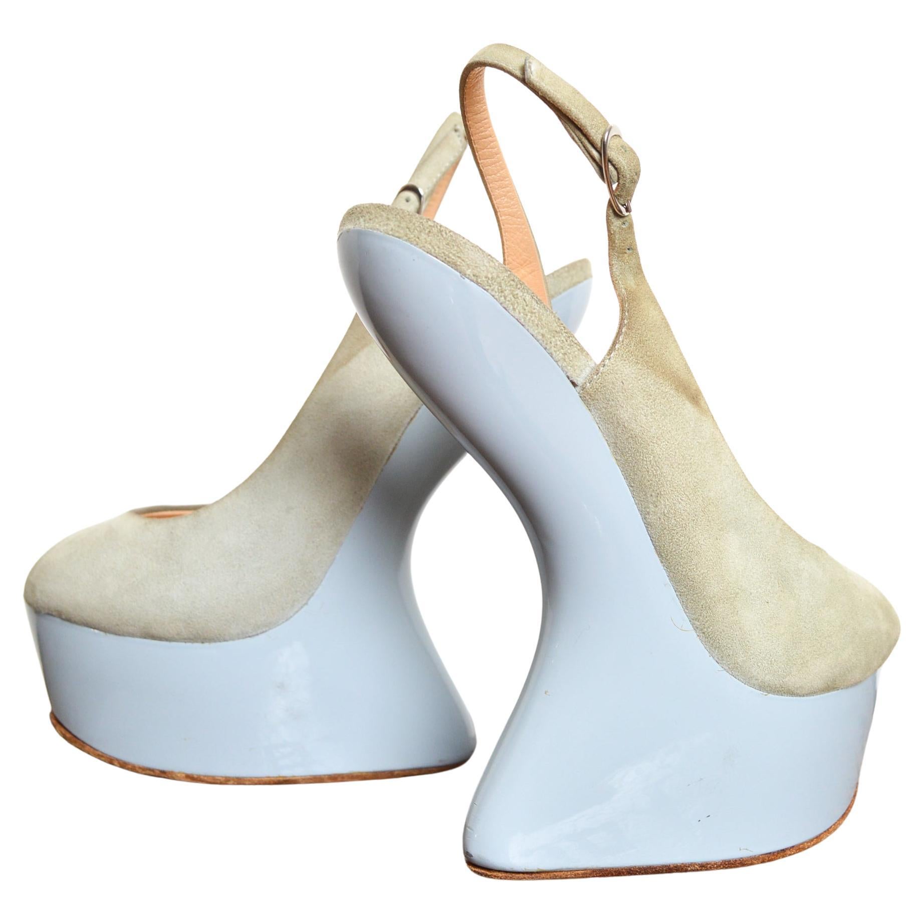 Giuseppe Zanotti Dove Grey Suede Peep Toe Platform Heel Less Slingback EU 37.5 For Sale