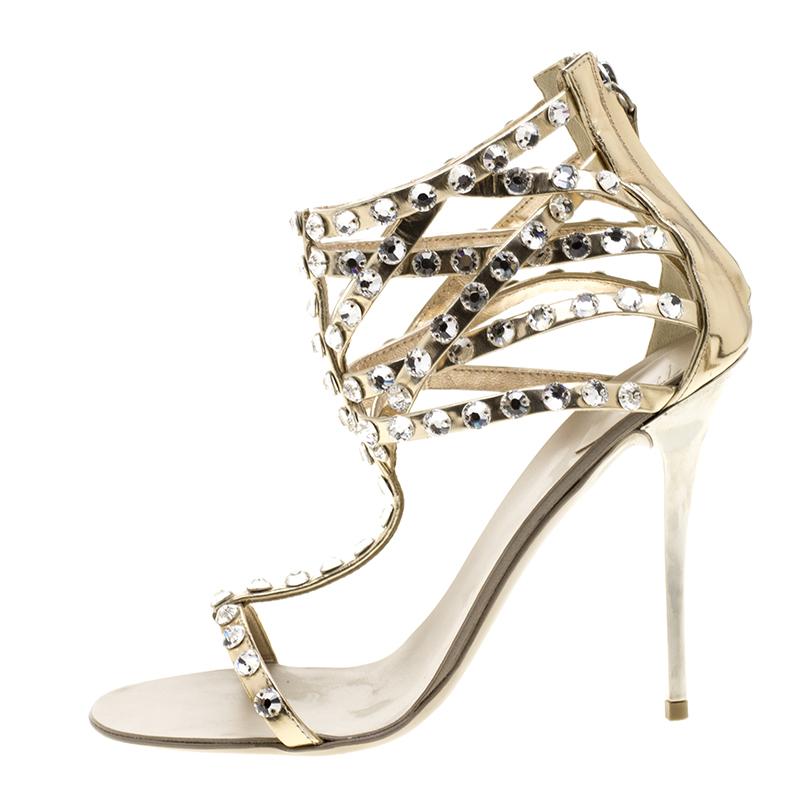 Giuseppe Zanotti  Dull Gold Leather Crystal Embellished T Strap Sandals Size 37 Damen