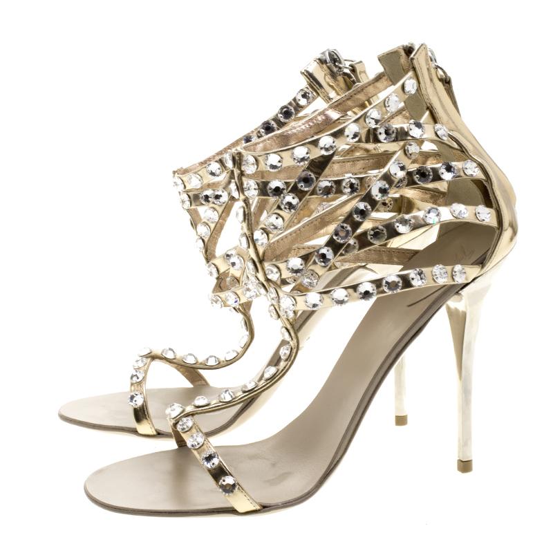 Giuseppe Zanotti  Dull Gold Leather Crystal Embellished T Strap Sandals Size 37 1