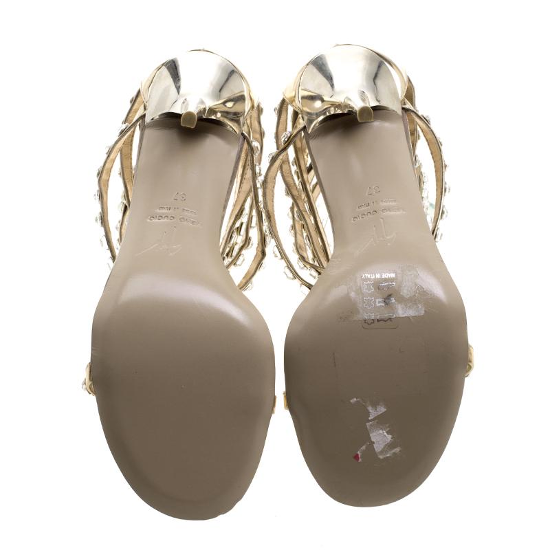 Giuseppe Zanotti  Dull Gold Leather Crystal Embellished T Strap Sandals Size 37 2