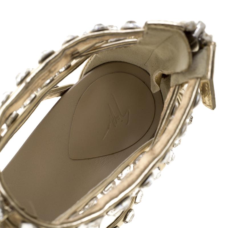 Giuseppe Zanotti  Dull Gold Leather Crystal Embellished T Strap Sandals Size 37 3