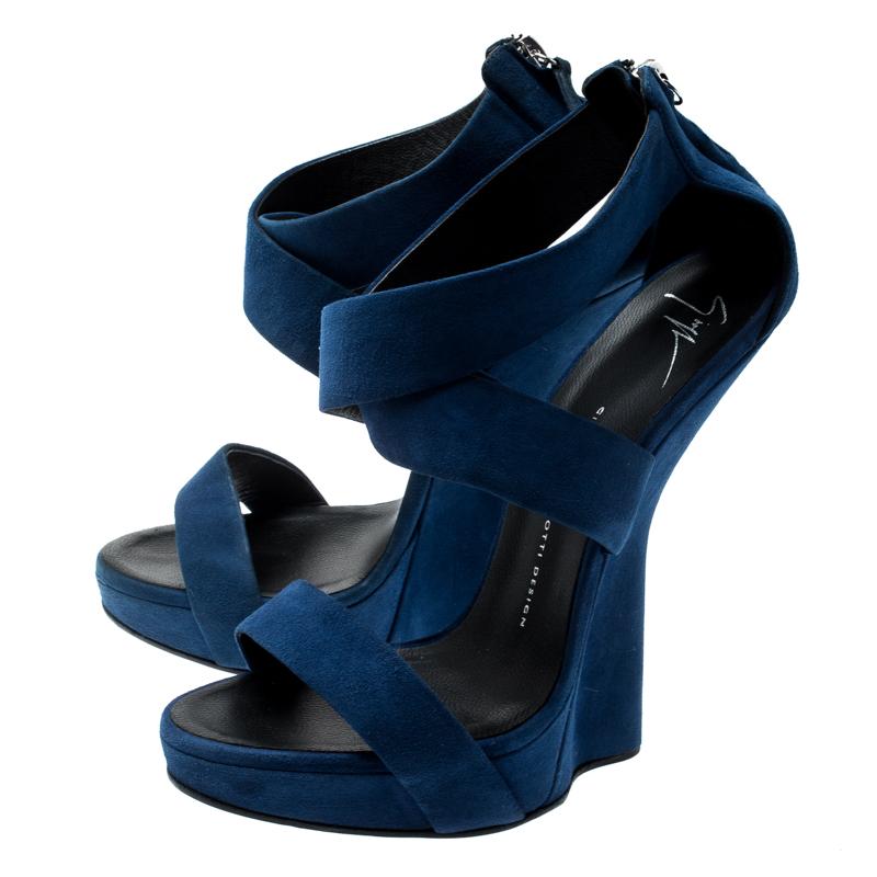 Black Giuseppe Zanotti Electric Blue Suede Cross Strap Heelless Sandals Size 40.5