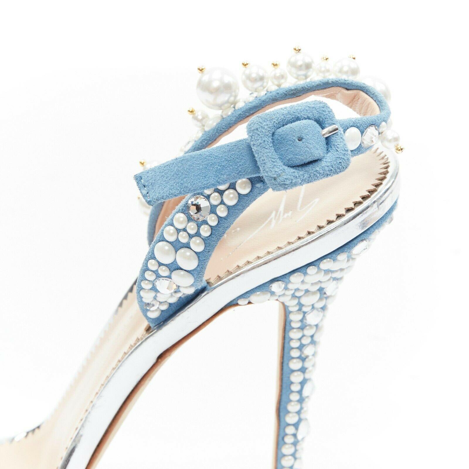 GIUSEPPE ZANOTTI Eliza 2018 blue suede pearl crystal heel sling PVC sandals EU39 2