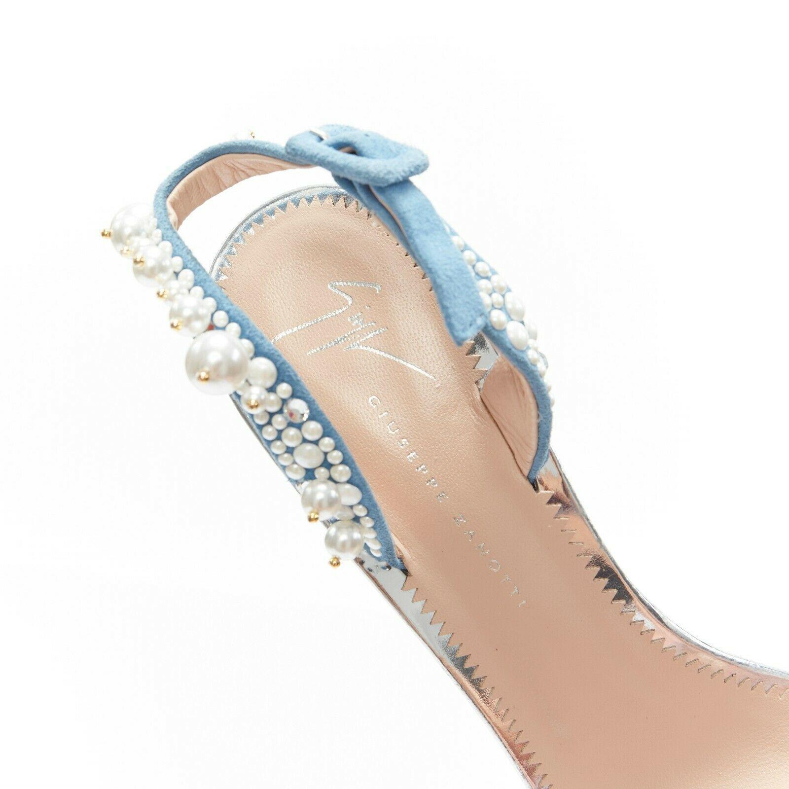 GIUSEPPE ZANOTTI Eliza 2018 blue suede pearl crystal heel sling PVC sandals EU39 3