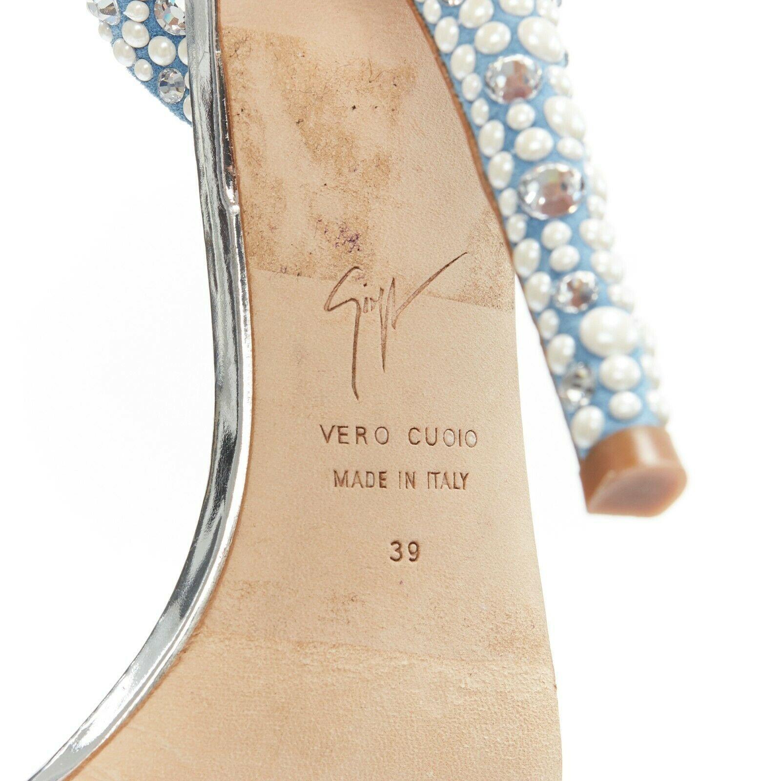 GIUSEPPE ZANOTTI Eliza 2018 blue suede pearl crystal heel sling PVC sandals EU39 4