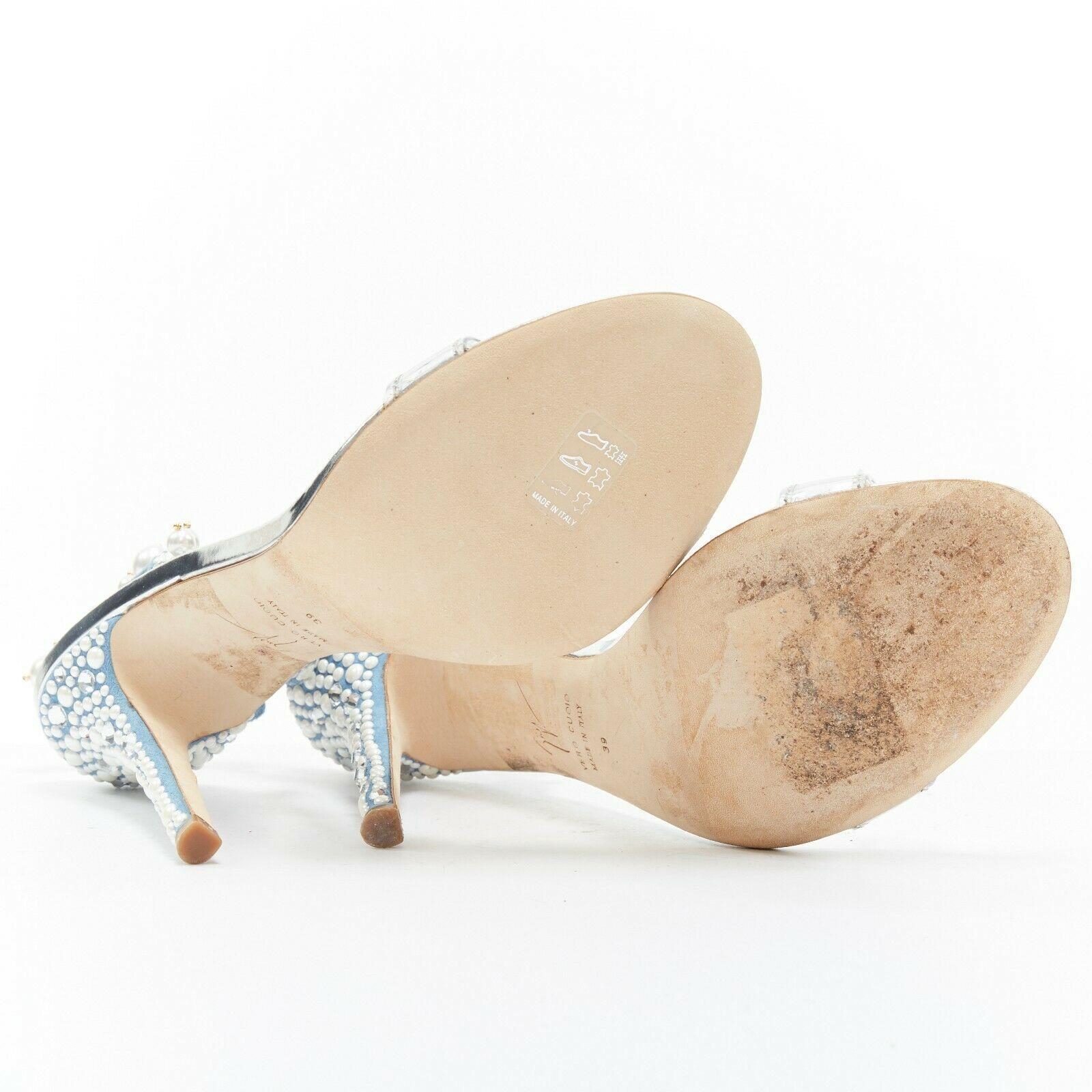 Gray GIUSEPPE ZANOTTI Eliza 2018 blue suede pearl crystal heel sling PVC sandals EU39