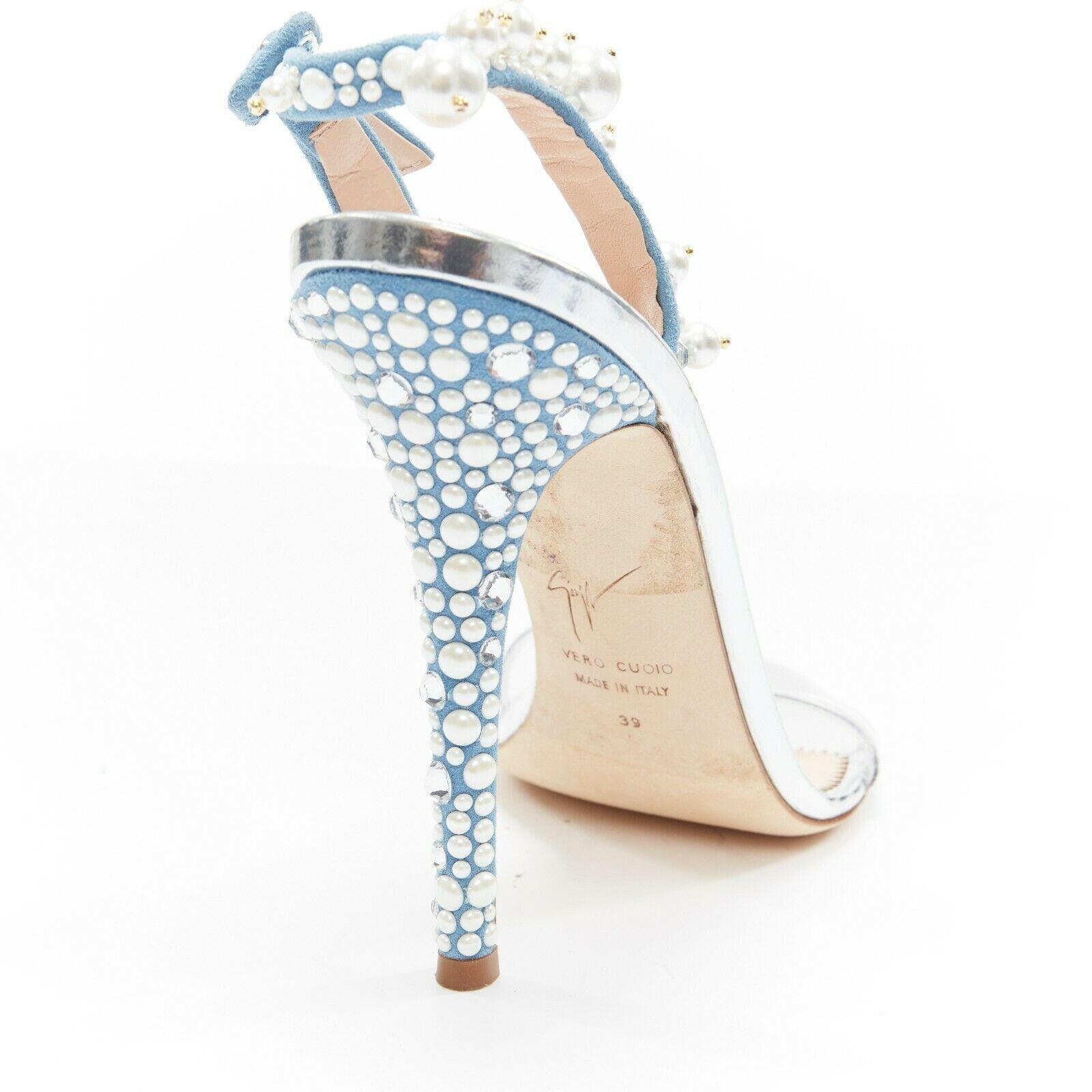 GIUSEPPE ZANOTTI Eliza 2018 blue suede pearl crystal heel sling PVC sandals EU39 1