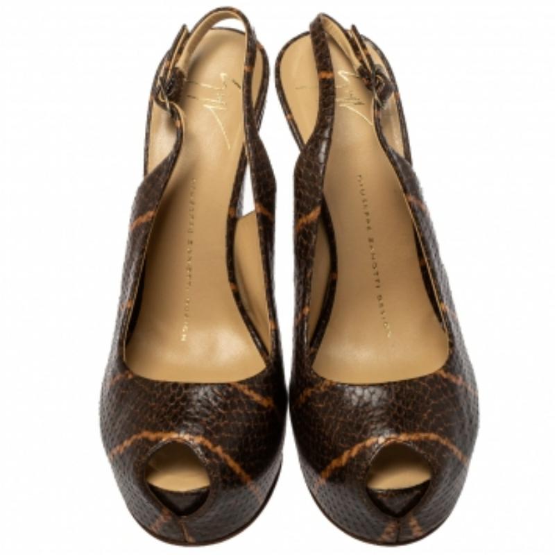 Giuseppe Zanotti Embossed Leather Platform Peep Toe Slingback Sandals Size 37 For Sale 2