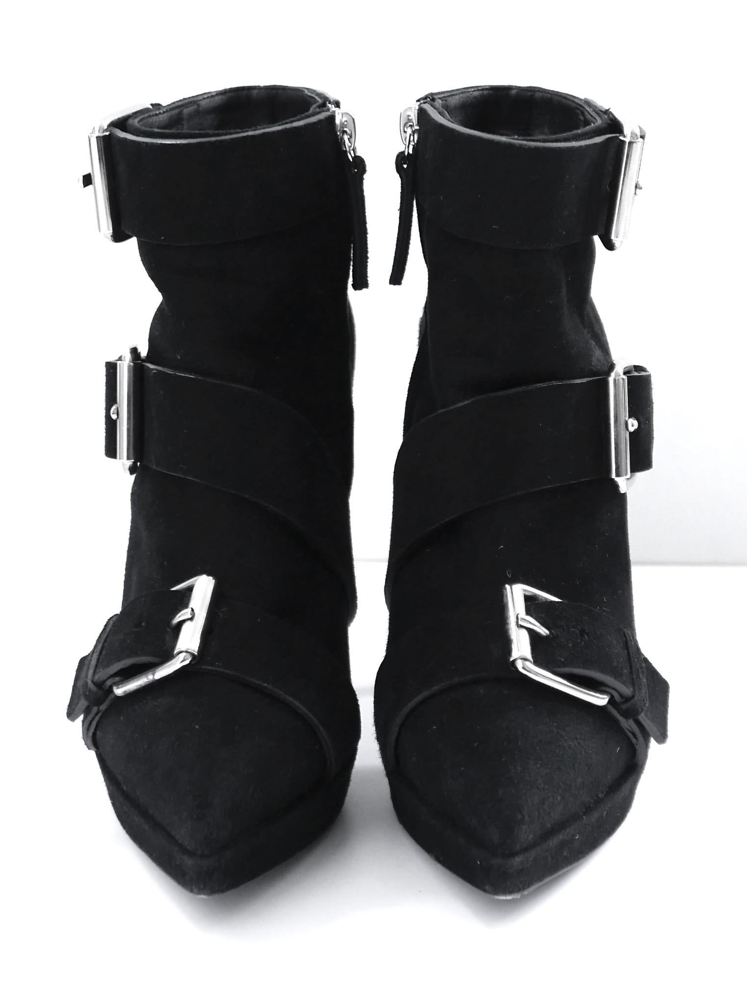 Super fierce Giuseppe Zanotti Emy buckle detail platform ankle boots. Bought for £750 and worn once. Made from smooth black suede with silver tone hardware, inner zips, stiletto heels and slim platforms. Size 36.5/UK3.5. Measure approx 10” heel to