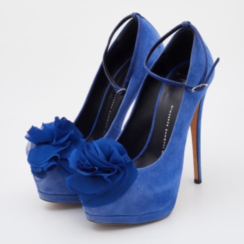 Bleu Giuseppe Zanotti escarpins à plateforme avec appliques florales à bout ouvert taille 37 en vente