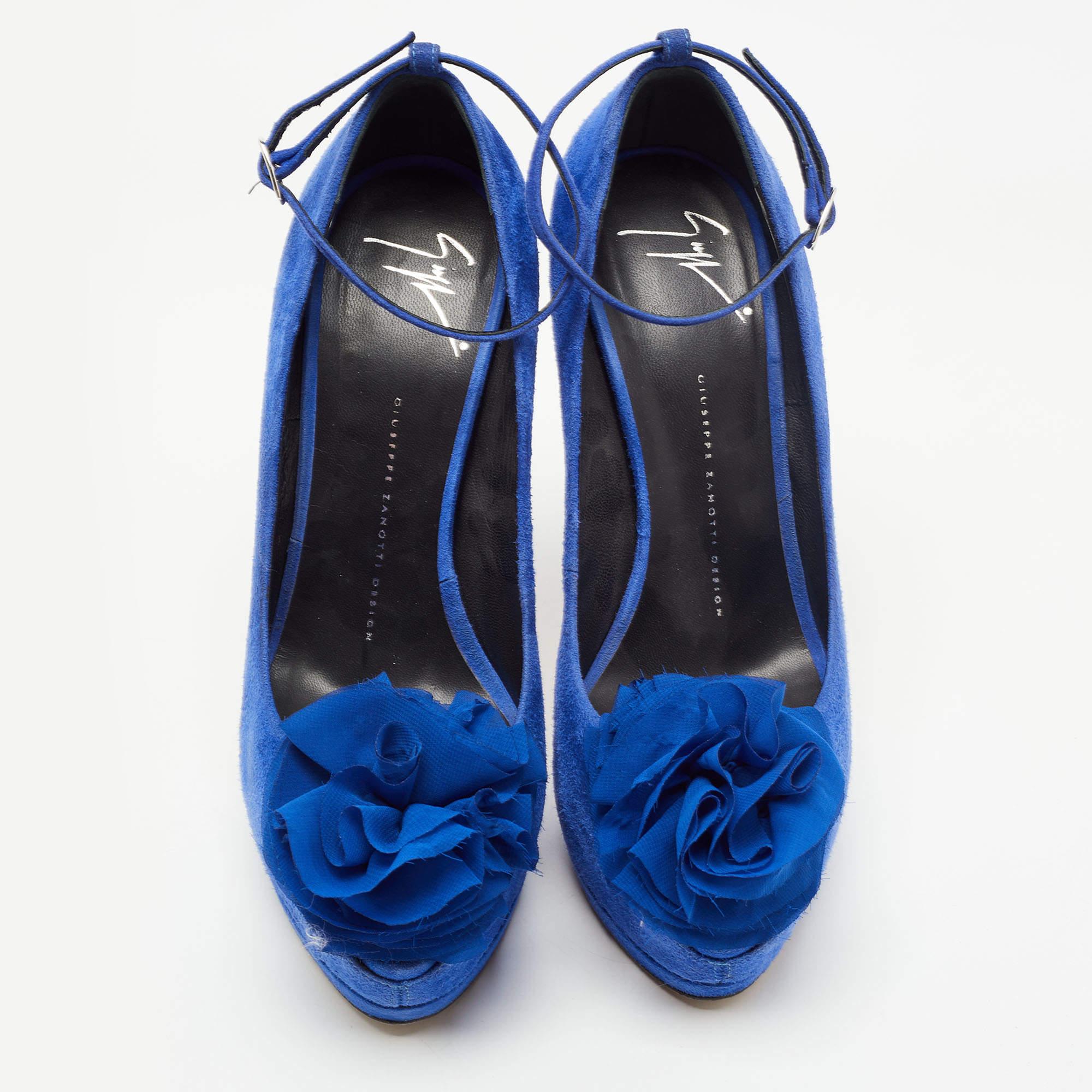 Blue Giuseppe Zanotti Flower Applique Peep Toe Platform Ankle Strap Pumps Size 39 For Sale