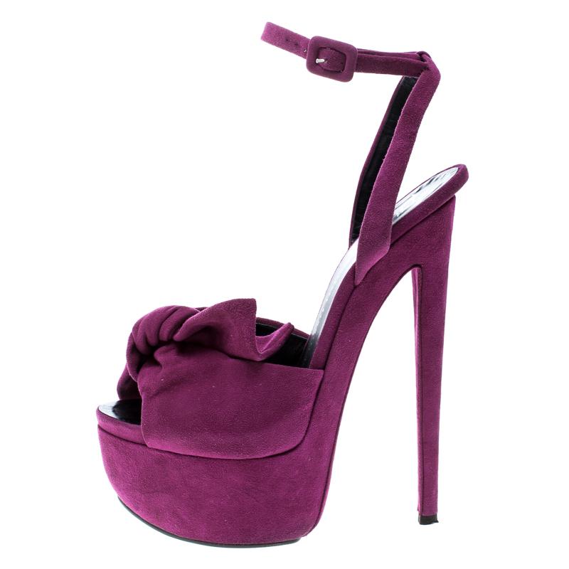 Women's Giuseppe Zanotti Fuchsia Pink Suede Bow Ankle Strap Platform Sandals Size 39.5