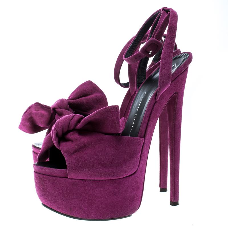 Giuseppe Zanotti Fuchsia Pink Suede Bow Ankle Strap Platform Sandals Size 39.5 1