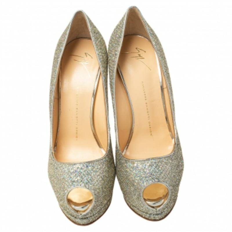 Giuseppe Zanotti Glitter And Leather Sharon Peep Toe Platform Pumps Size 40 For Sale 2