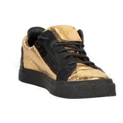 Giuseppe Zanotti Gold & Black Leather Snakeskin Embossed Trainers Size IT 36