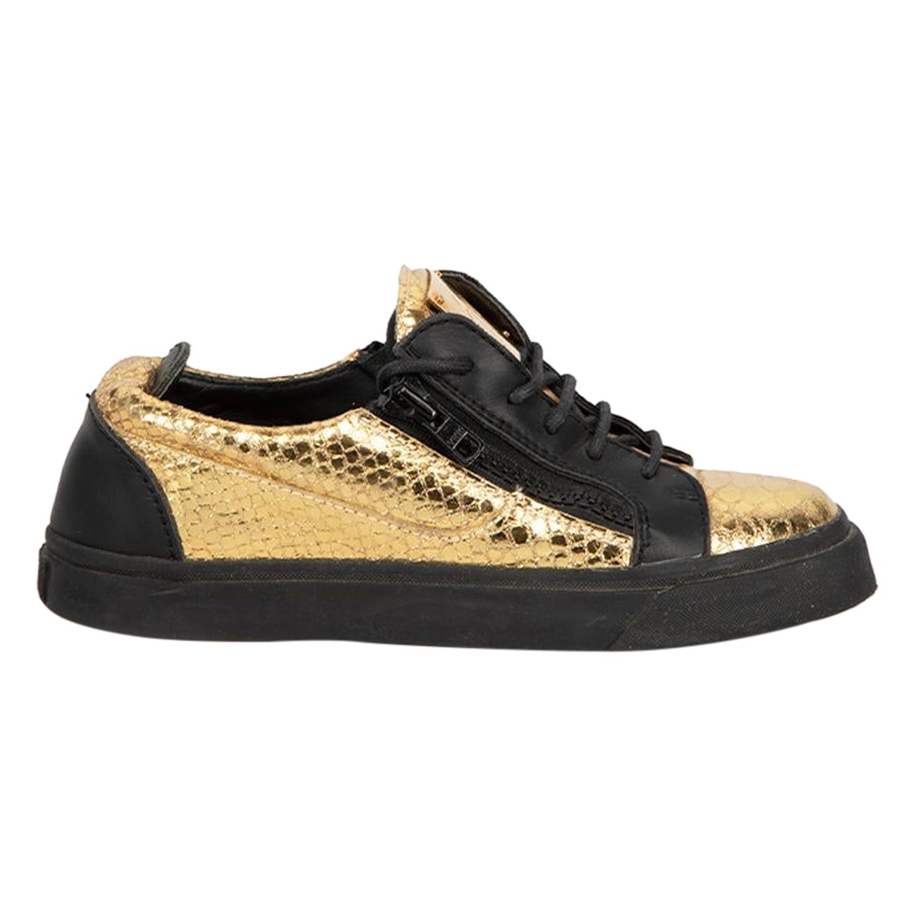 Giuseppe Zanotti Gold 
Black Leather Snakeskin Embossed Trainers Size IT 36