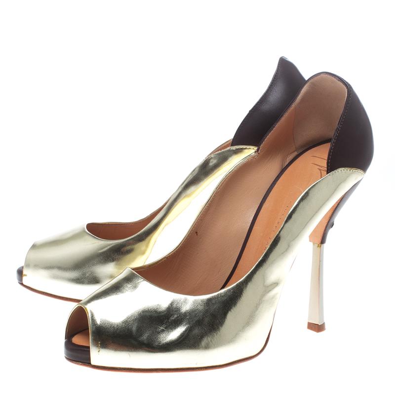 Giuseppe Zanotti Gold/Burgundy Leather Peep Toe Pumps Size 40 3
