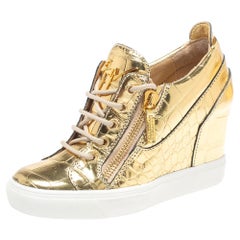 Giuseppe Zanotti Gold Croc Embossed Leather Double Zip Wedge Sneakers Size 37